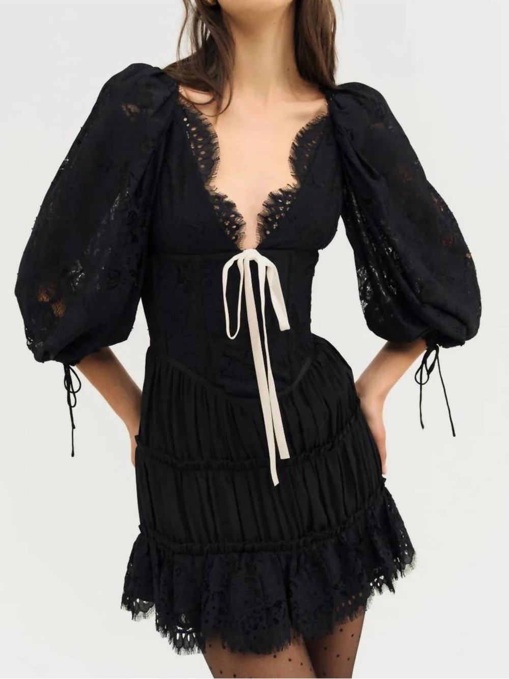 $289 NWT For Love And Lemons “Ellis” Mini Dress in Black Sz Large